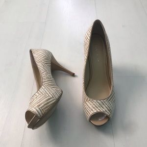 Nine West | White and Tan Tweed Peep Toe Heels
